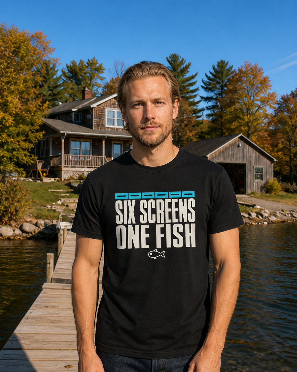 Six Screens One Fish tee — black, worn, front