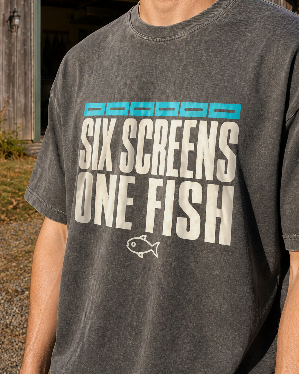 Six Screens One Fish washed tee — washed black, worn, side
