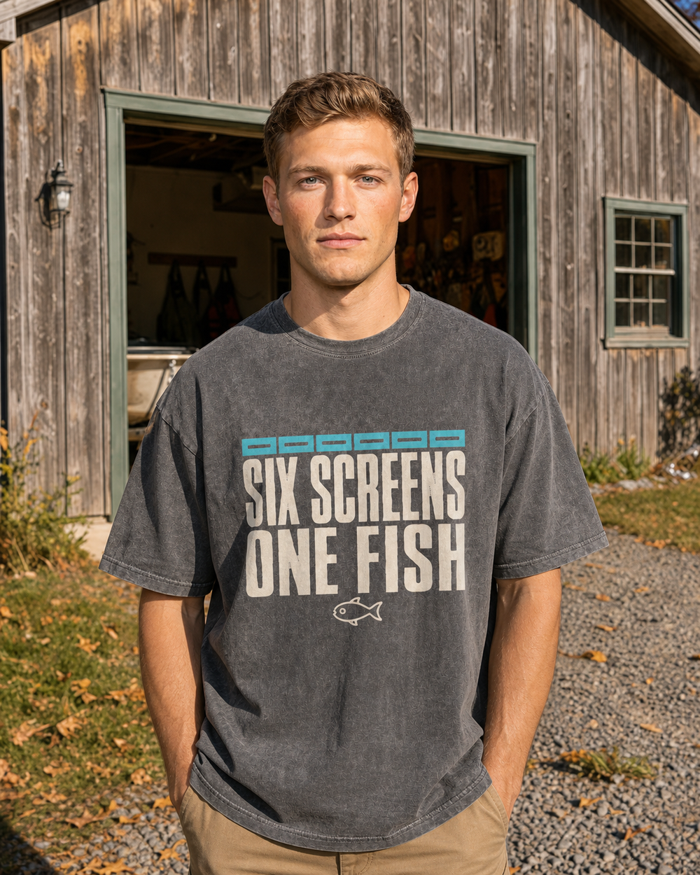 Six Screens One Fish washed tee — washed black, worn, front