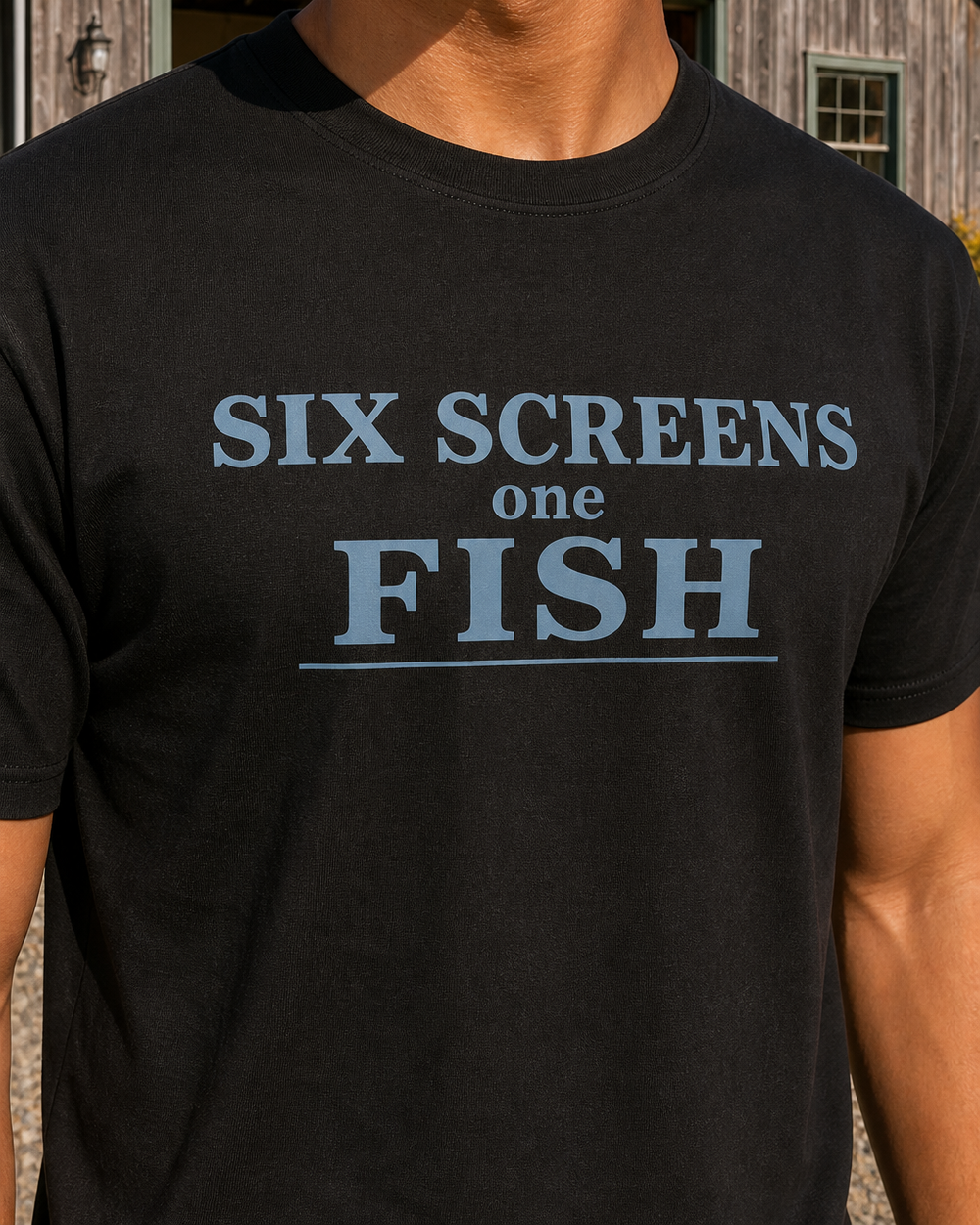 Six Screens One Fish Stacked tee — black, worn, side
