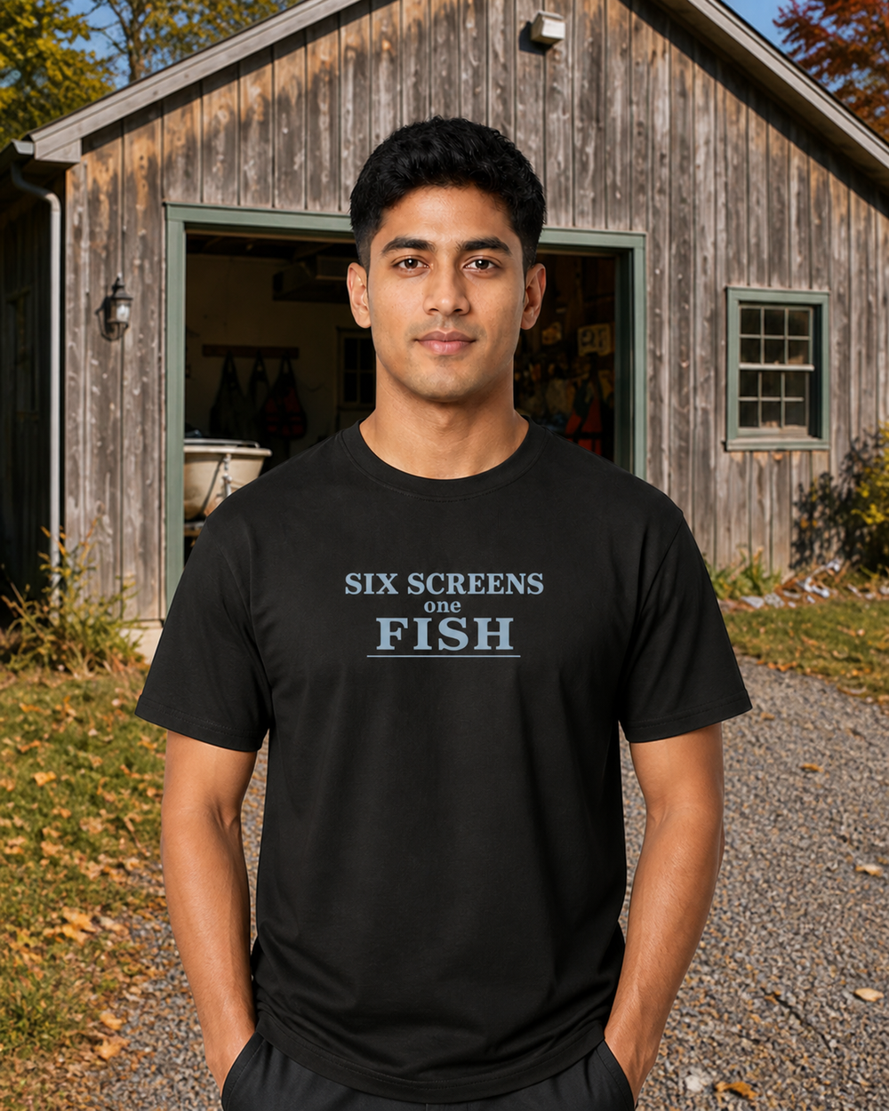 Six Screens One Fish Stacked tee — black, worn, front