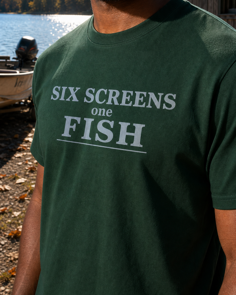 Six Screens One Fish Stacked tee — forest, worn, side