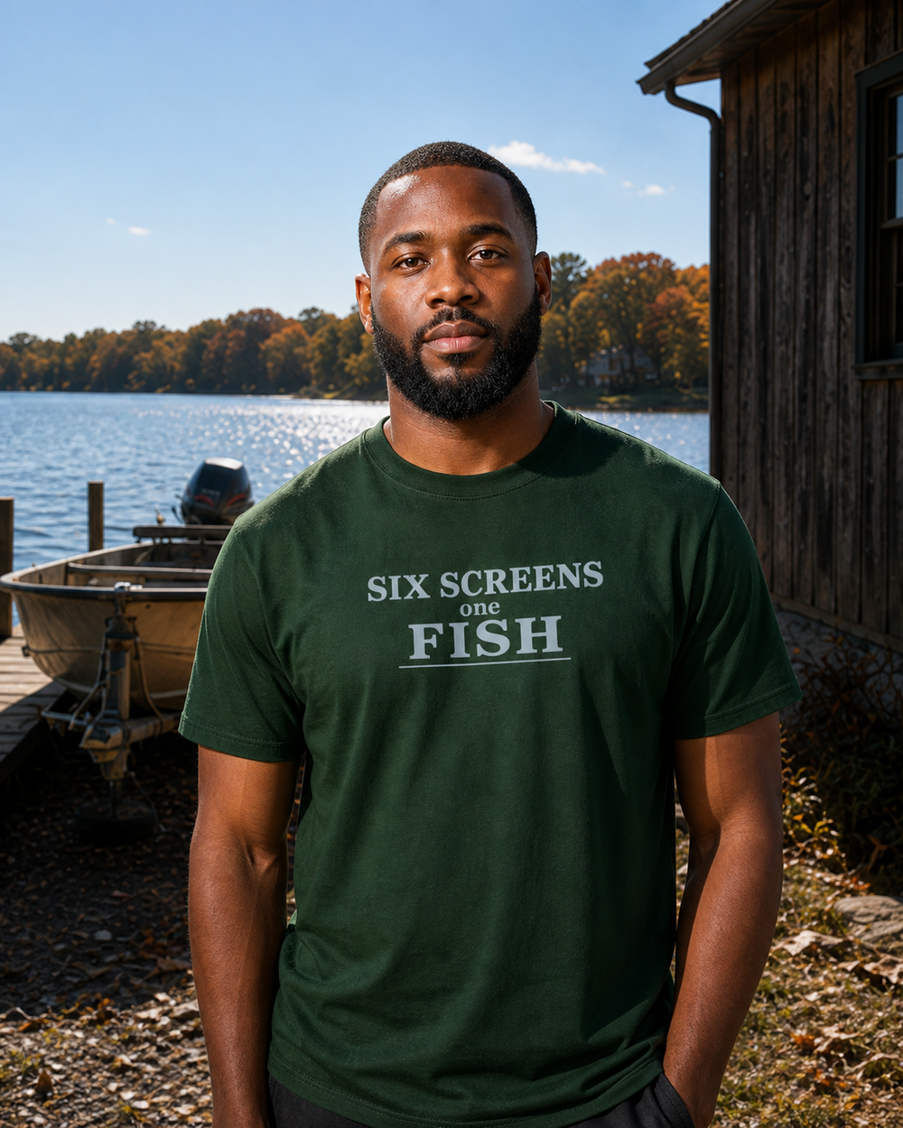 Six Screens One Fish Stacked tee — forest, worn, front