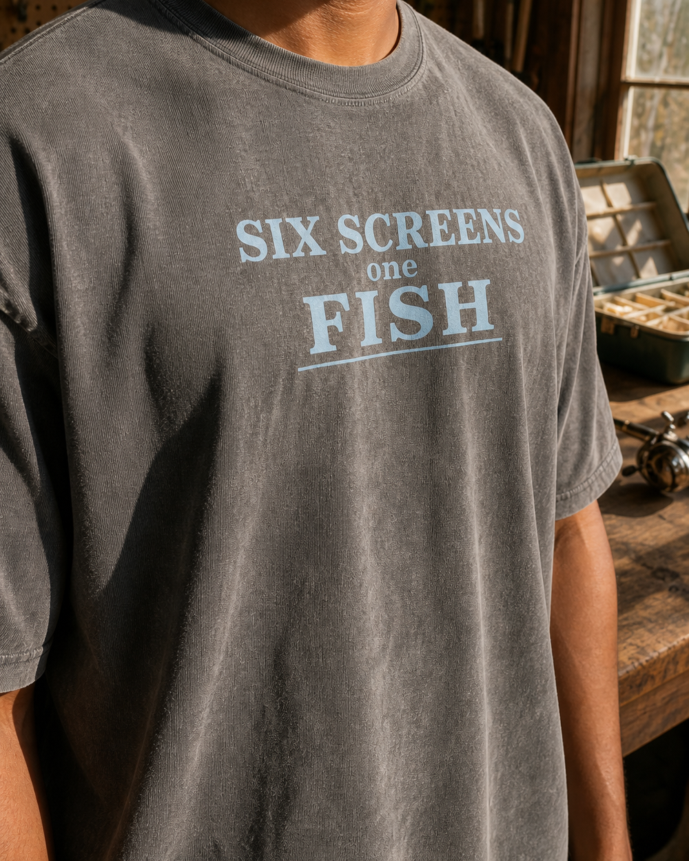 Six Screens One Fish Stacked washed tee — washed black, worn, side