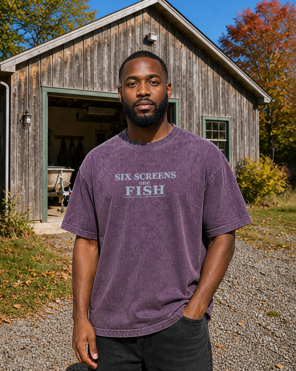 Six Screens One Fish Stacked washed tee — washed violet, worn, front
