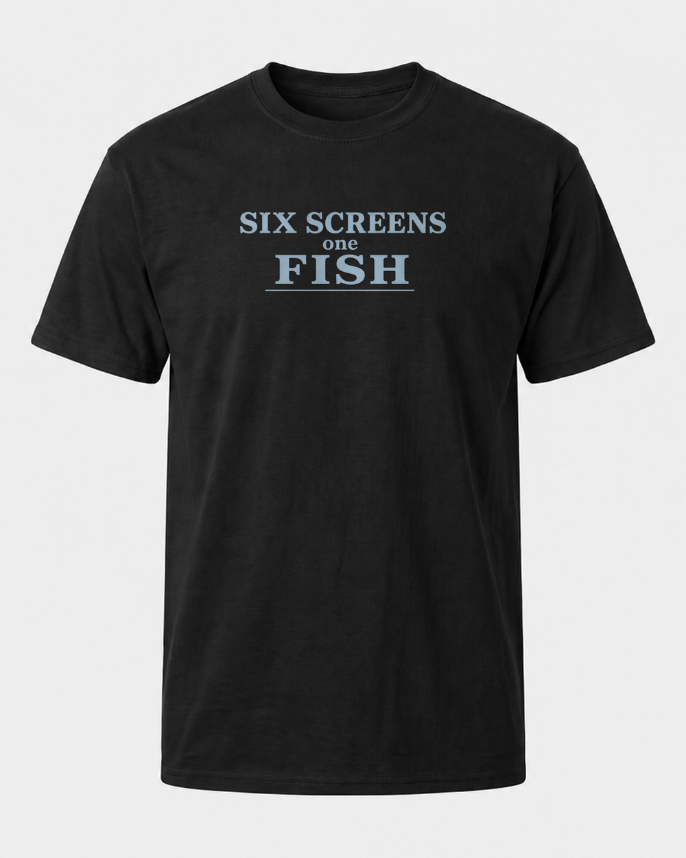 Six Screens One Fish Stacked tee — black, front