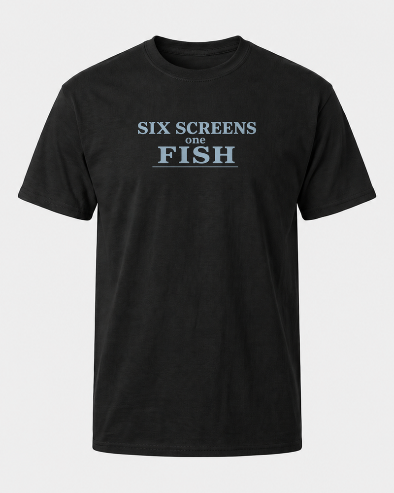 Six Screens One Fish Stacked tee — black, front
