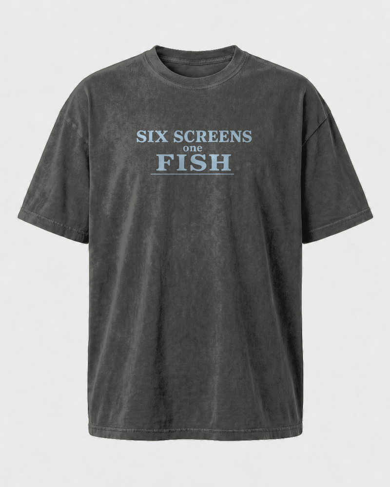 Six Screens One Fish Stacked washed tee — washed black, front