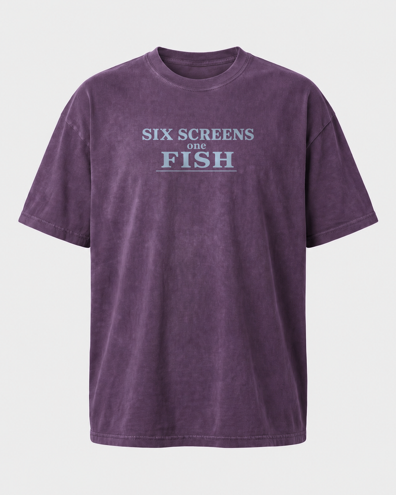 Six Screens One Fish Stacked washed tee — washed violet, front