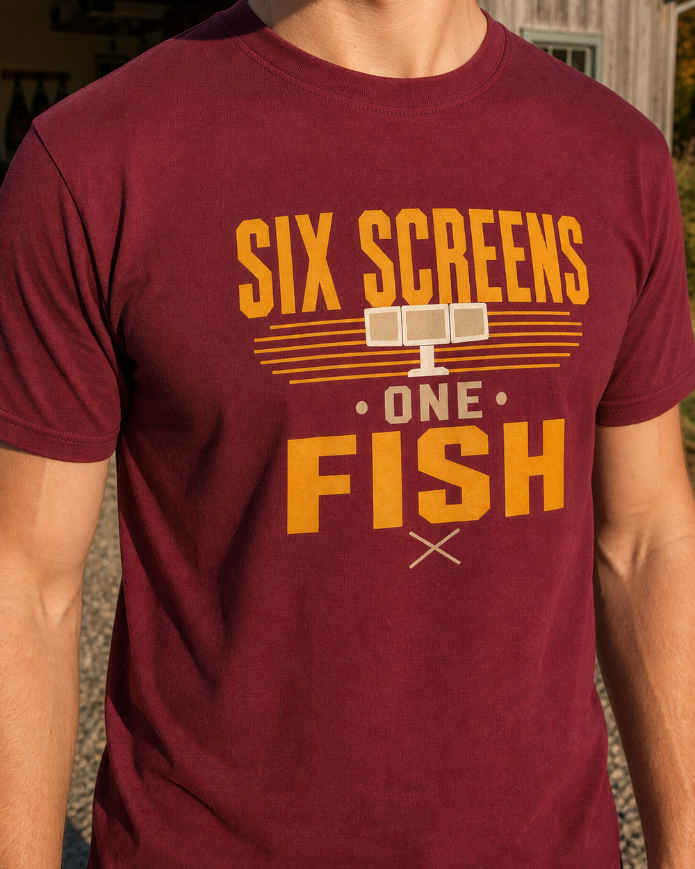 Six Screens One Fish Two Tone tee — worn, side