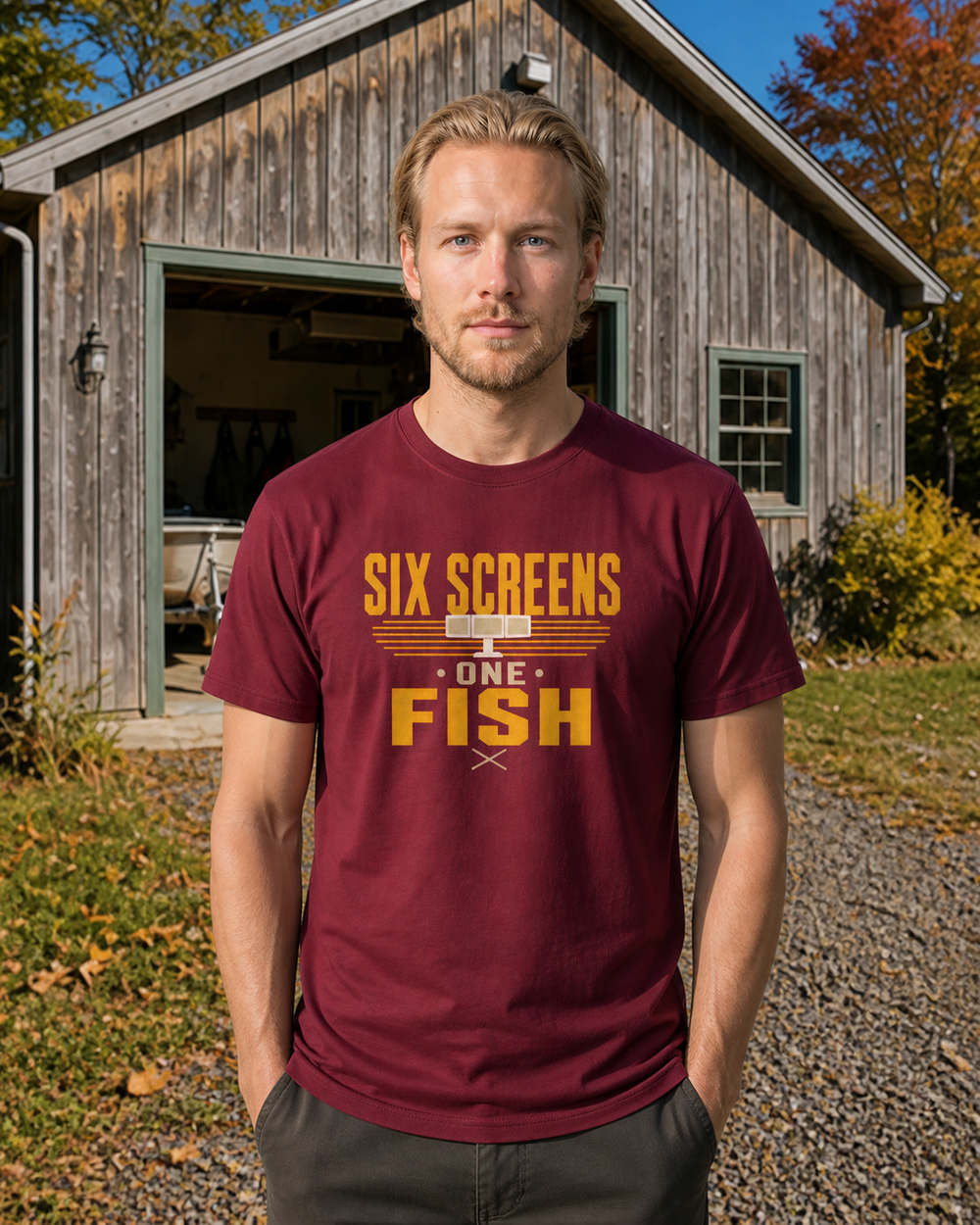 Six Screens One Fish Two Tone tee — worn, front