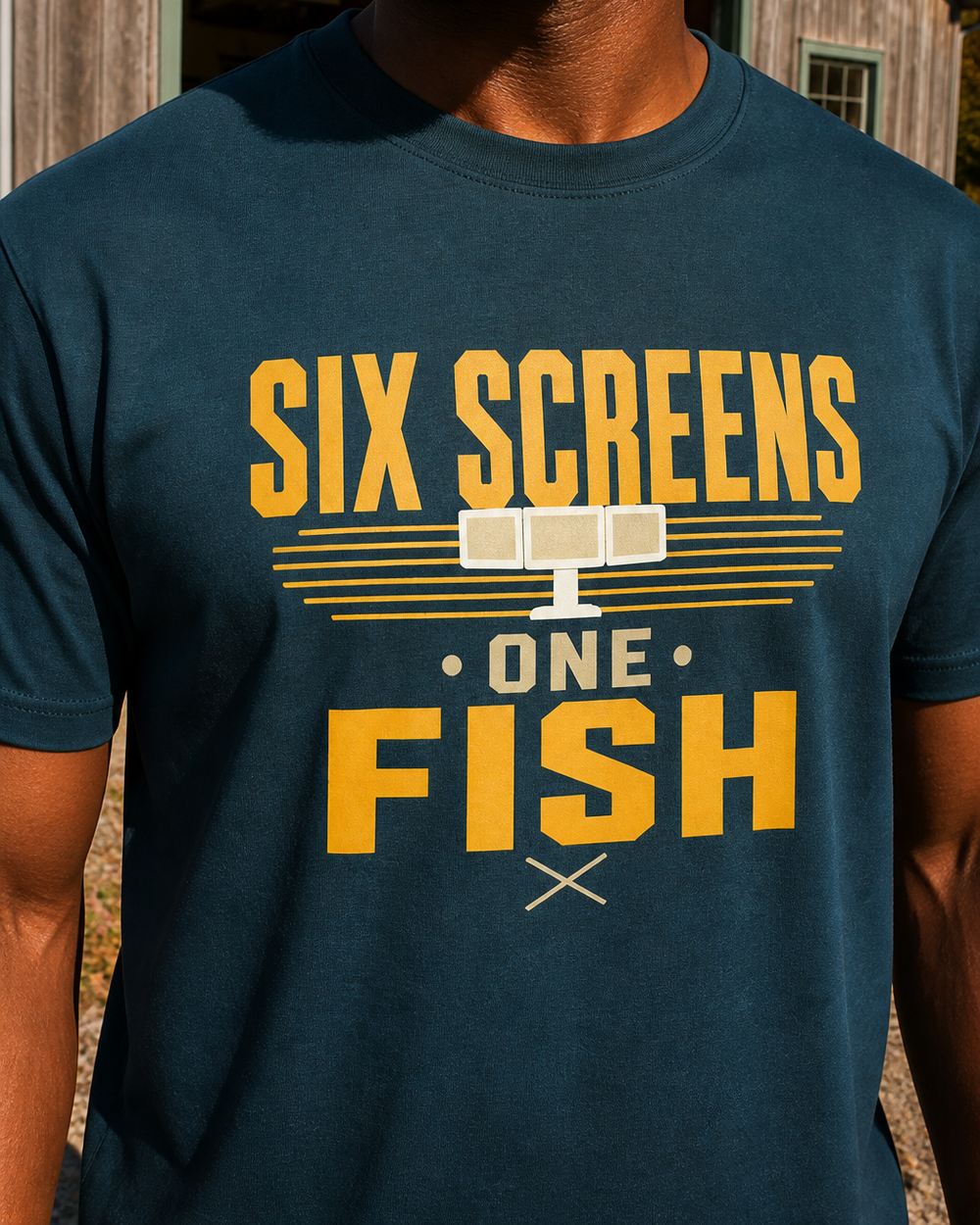 Six Screens One Fish Two Tone tee — midnight navy, worn, side