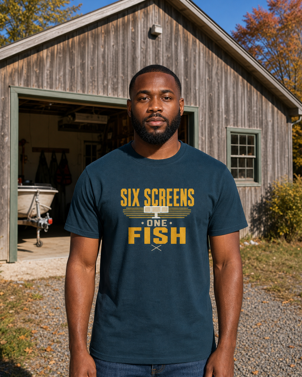 Six Screens One Fish Two Tone tee — midnight navy, worn, front