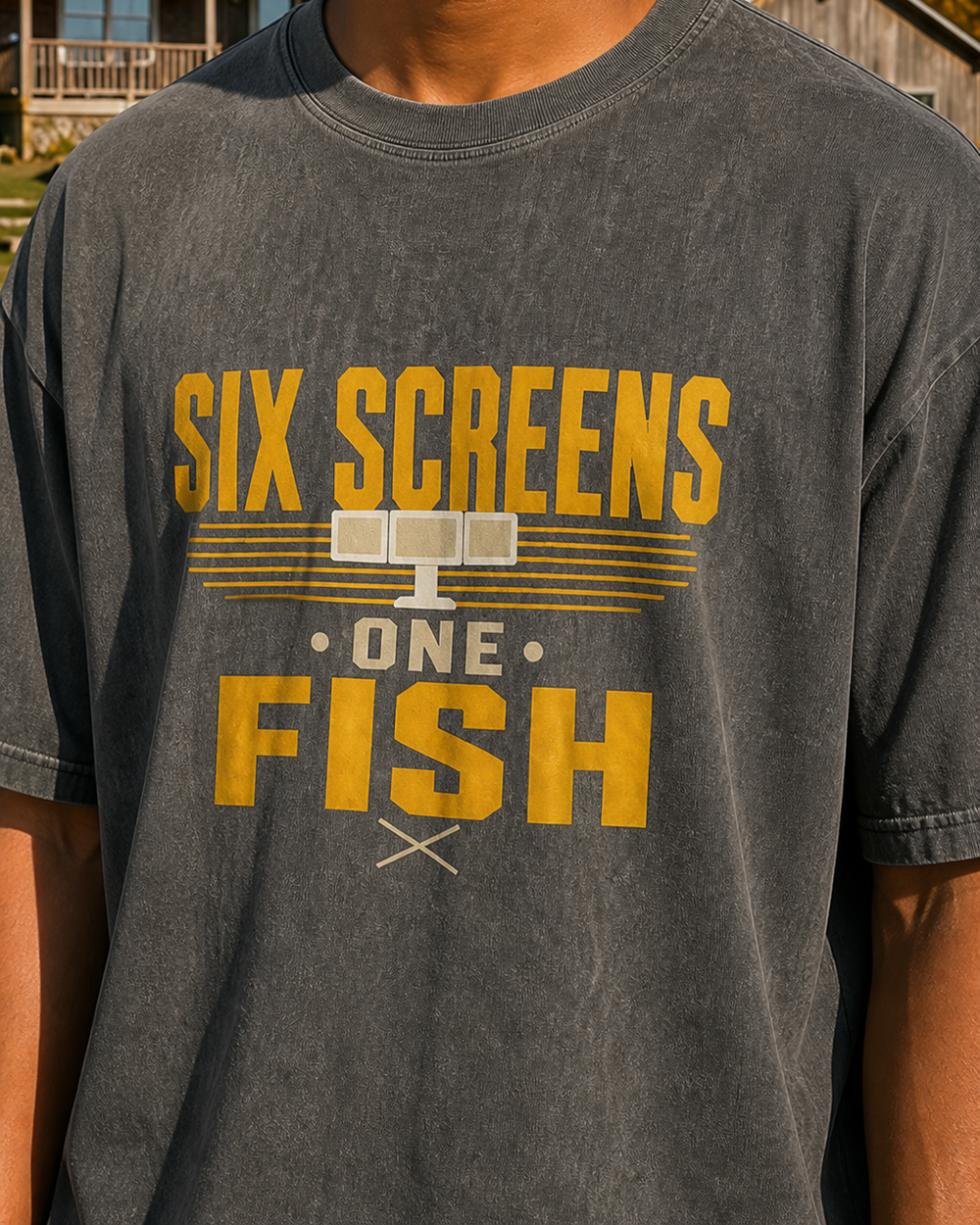 Six Screens One Fish Two Tone washed tee — washed black, worn, side