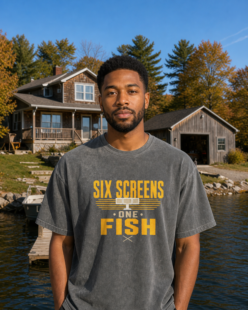Six Screens One Fish Two Tone washed tee — washed black, worn, front