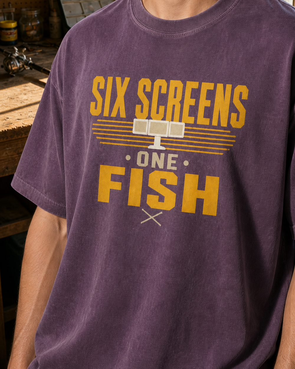 Six Screens One Fish Two Tone washed tee — washed violet, worn, side
