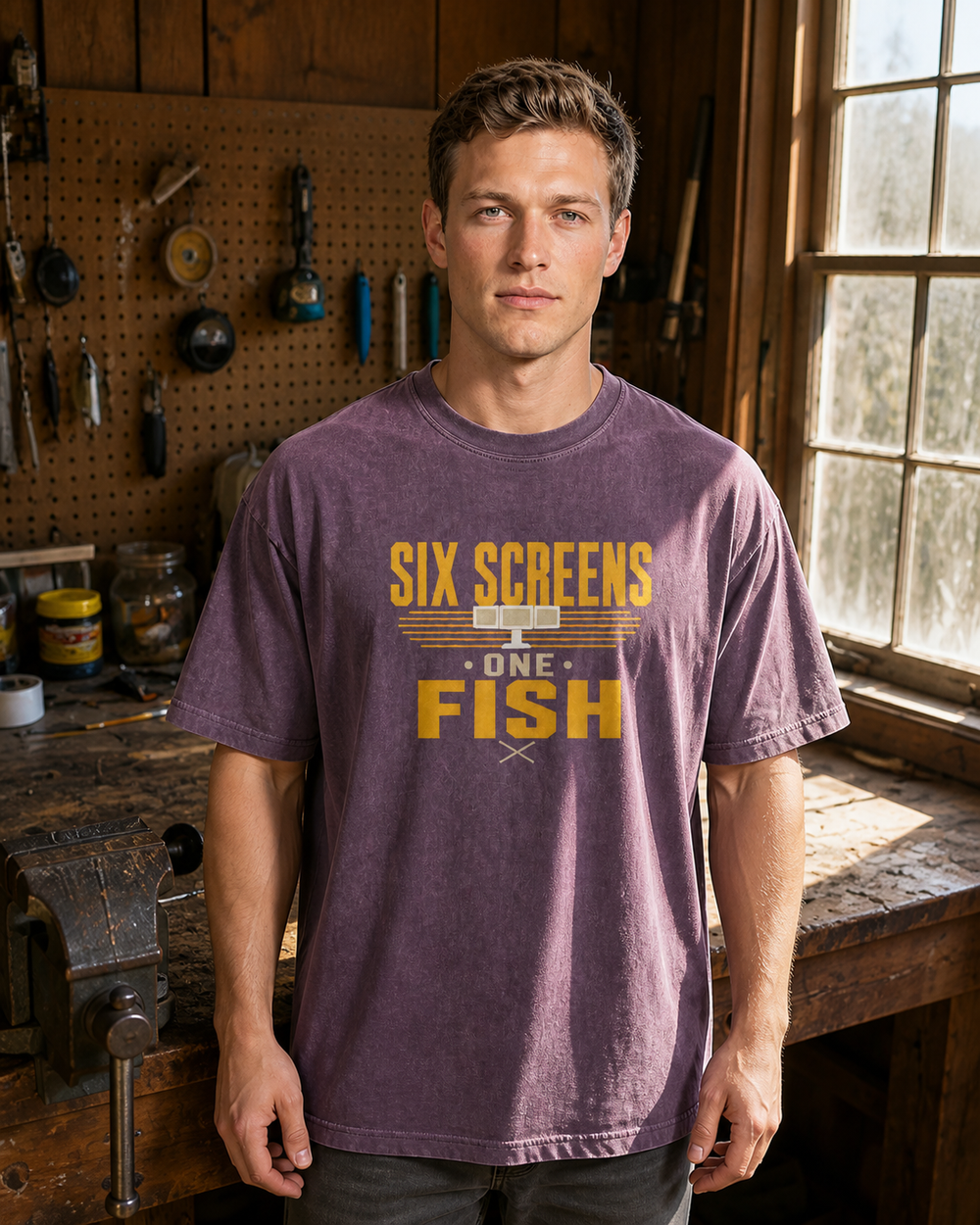 Six Screens One Fish Two Tone washed tee — washed violet, worn, front
