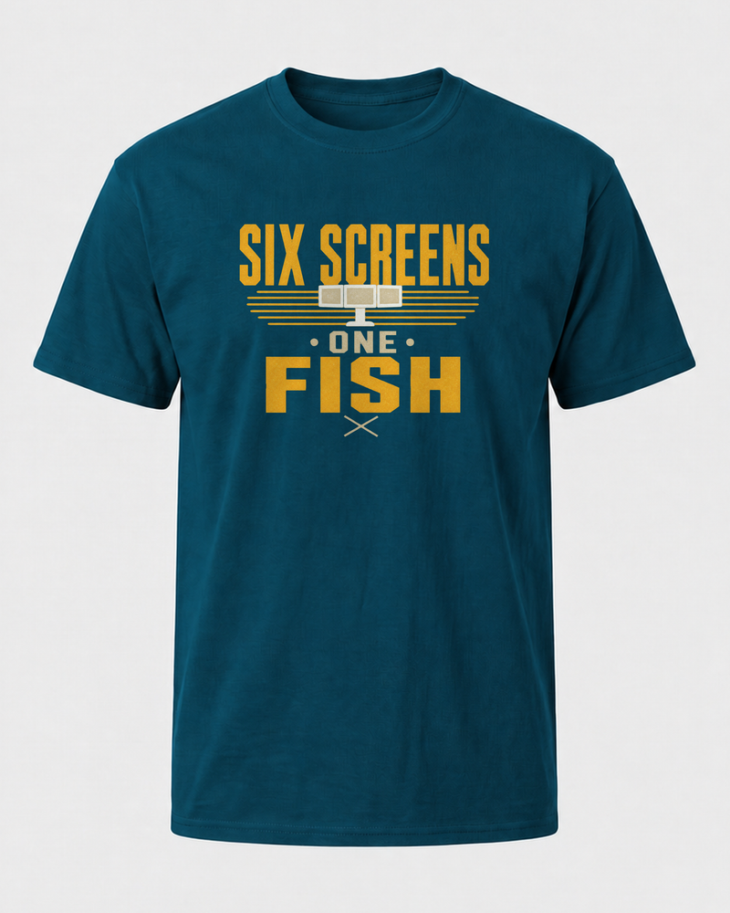 Six Screens One Fish Two Tone tee — midnight navy, front