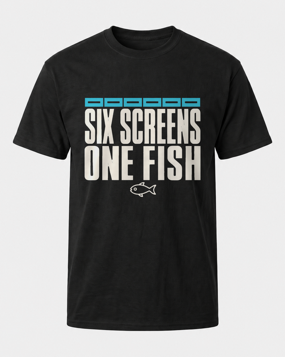 Six Screens One Fish tee — black, front