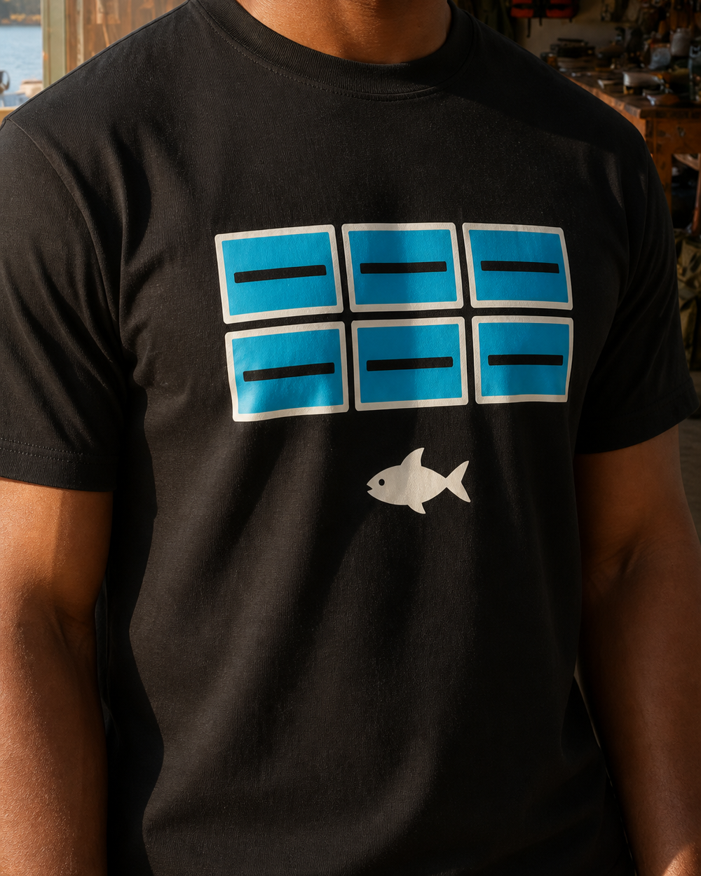 Screens And Fish tee — black, worn, side