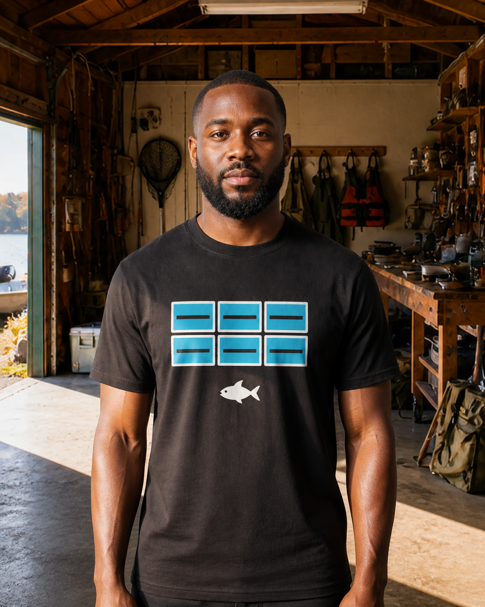 Screens And Fish tee — black, worn, front