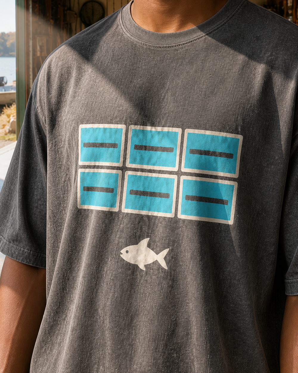 Screens And Fish washed tee — washed black, worn, side