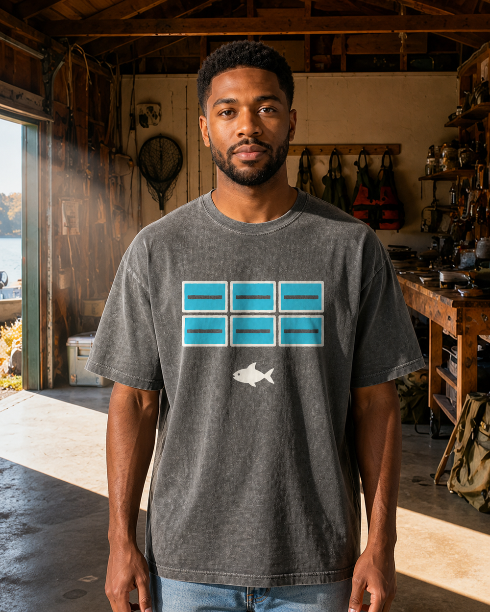 Screens And Fish washed tee — washed black, worn, front