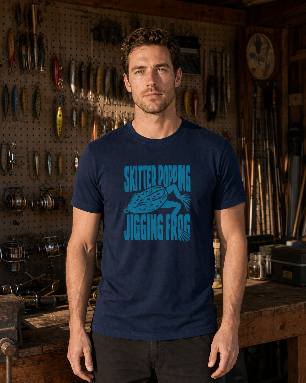 Skitter Popping Jigging Frog tee — navy, worn, front