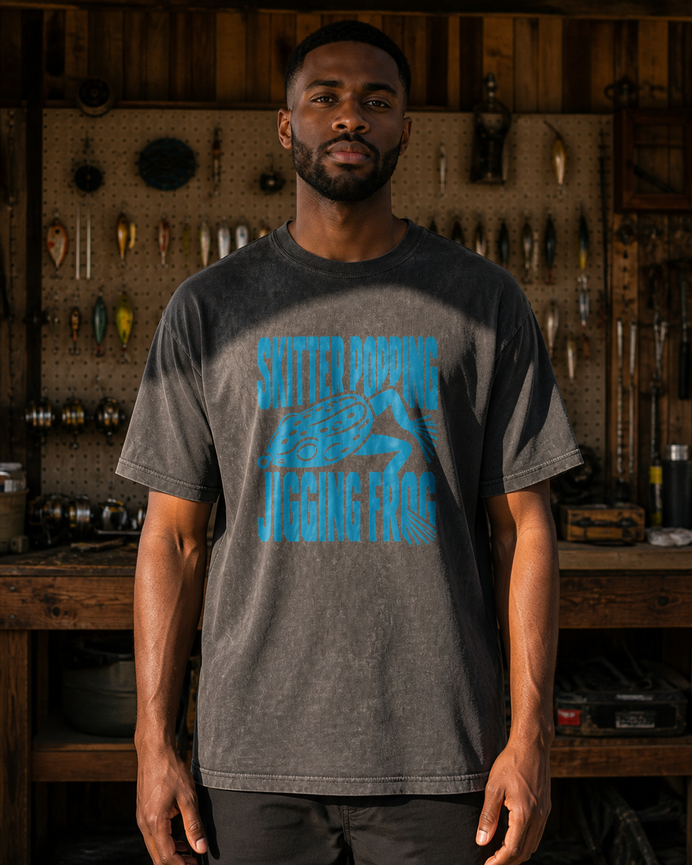 Skitter Popping Jigging Frog washed tee — washed black, worn, front