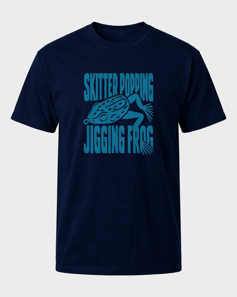 Skitter Popping Jigging Frog tee — navy, front