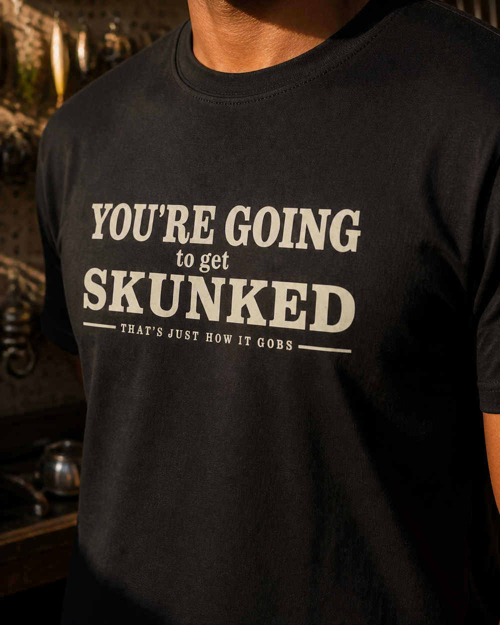 Skunked tee — black, worn, side