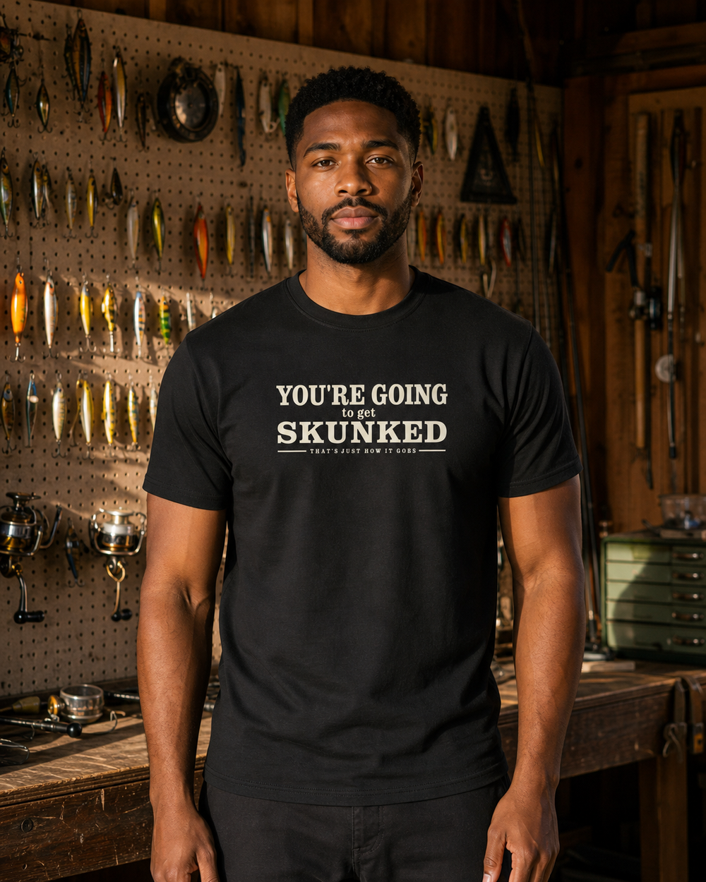 Skunked tee — black, worn, front