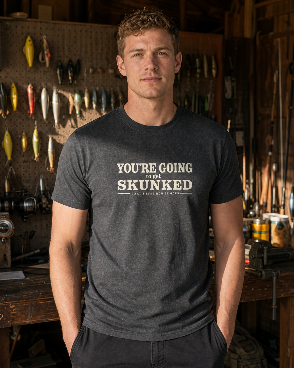 Skunked tee — dark heather, worn, front