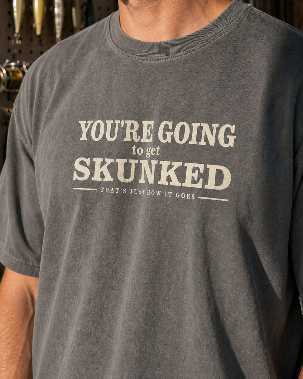 Skunked washed tee — washed charcoal, worn, side