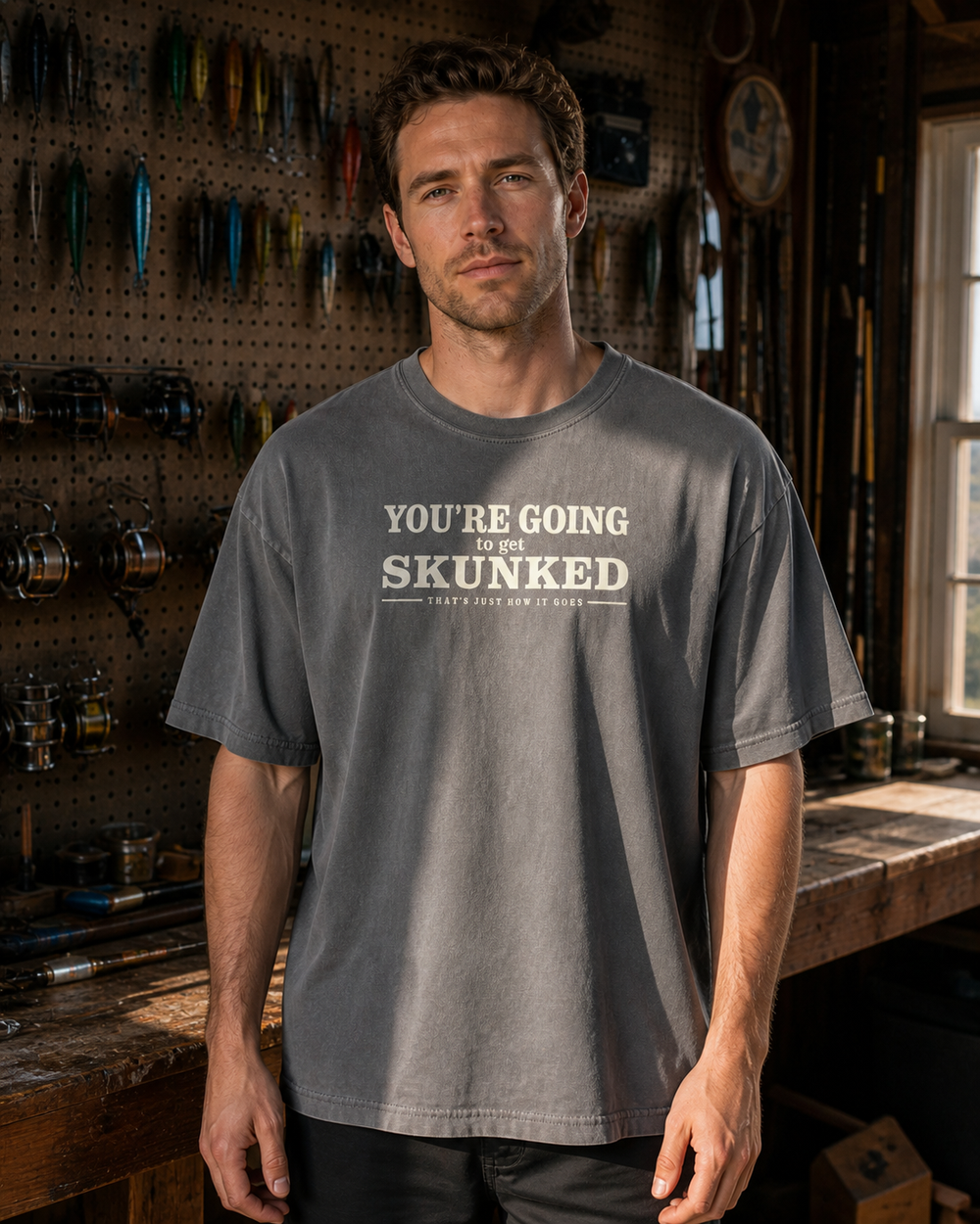 Skunked washed tee — washed charcoal, worn, front