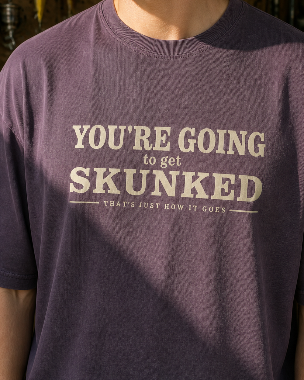 Skunked washed tee — washed violet, worn, side