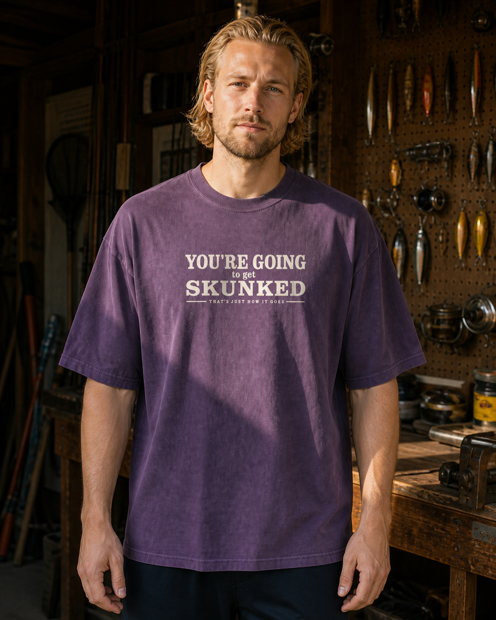 Skunked washed tee — washed violet, worn, front