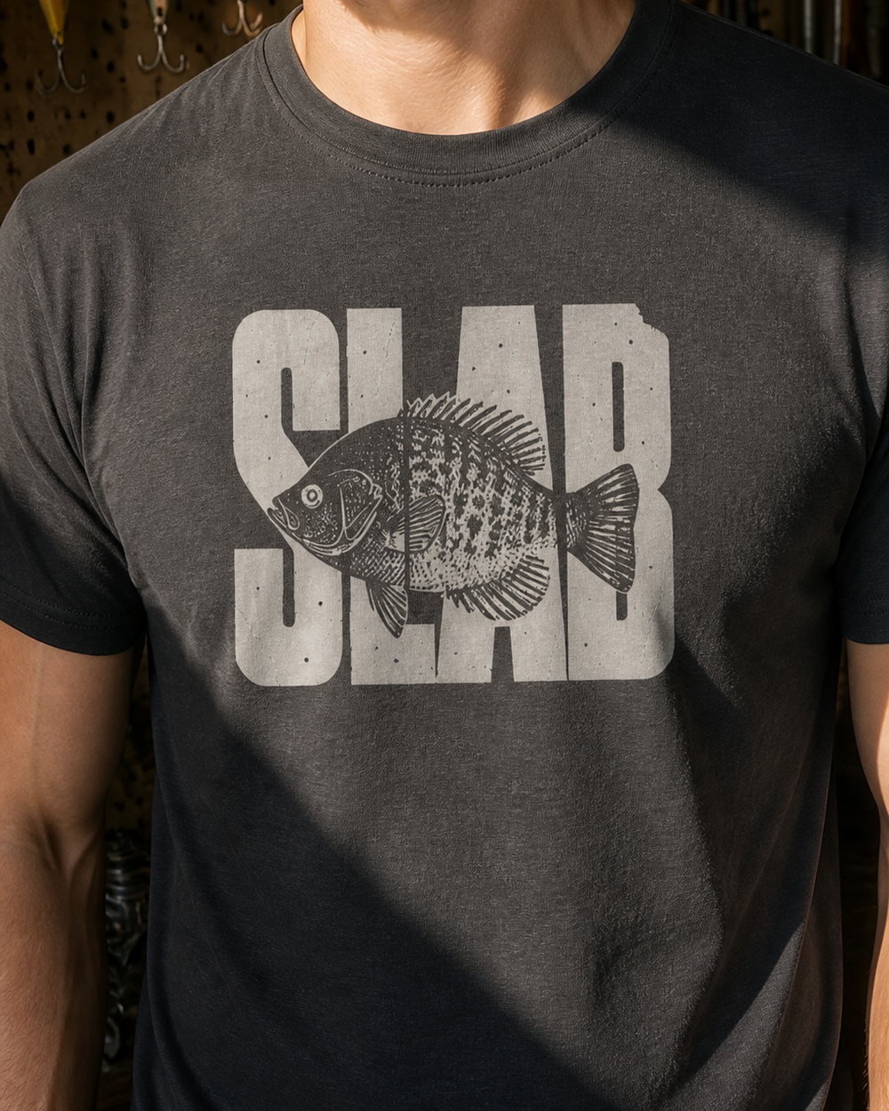 Slab tee — dark heather, worn, side