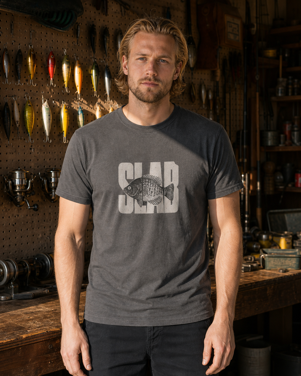 Slab tee — dark heather, worn, front