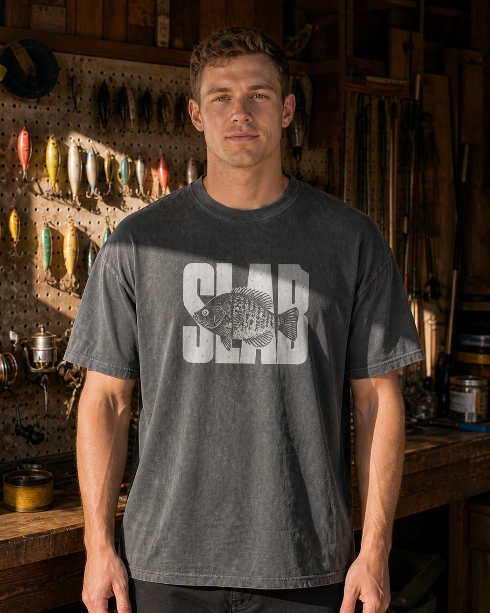 Slab washed tee — washed black, worn, front