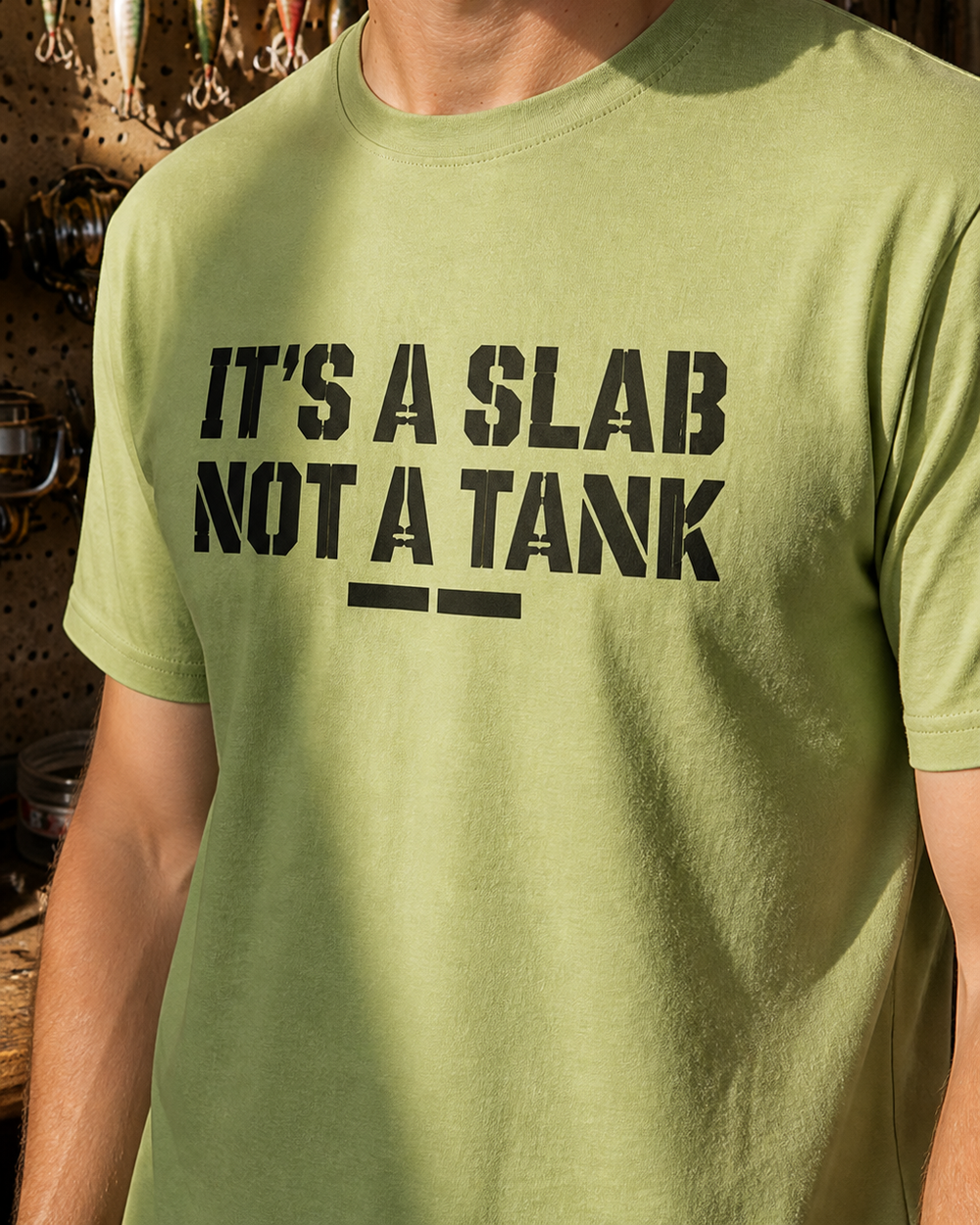 It's A Slab, Not A Tank tee — kiwi, worn, side