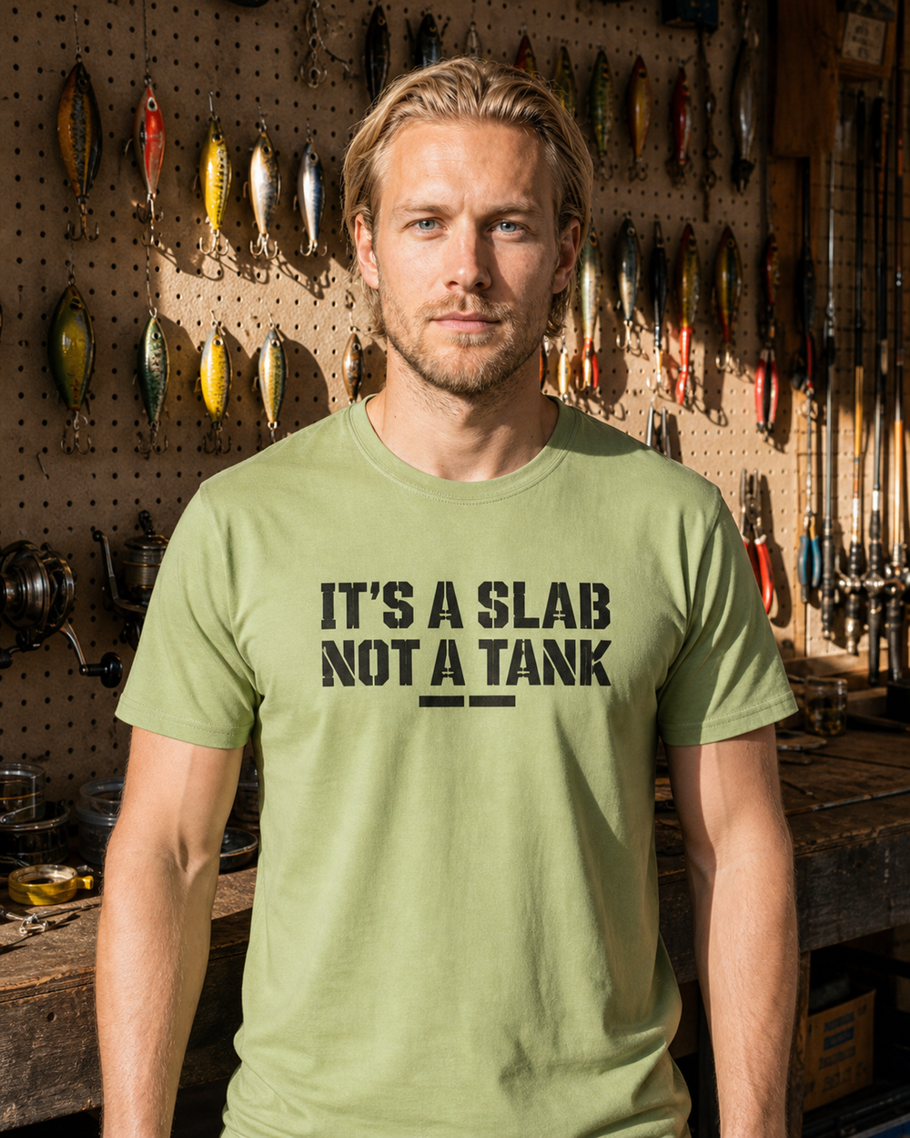 It's A Slab, Not A Tank tee — kiwi, worn, front
