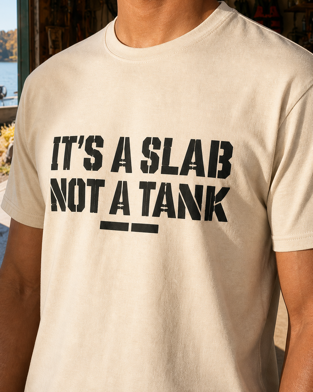 It's A Slab, Not A Tank tee — bone, worn, side
