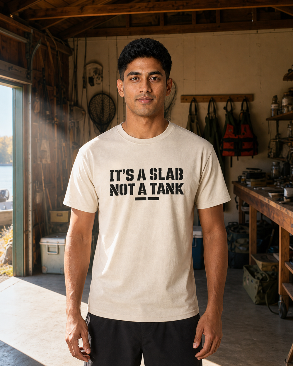 It's A Slab, Not A Tank tee — bone, worn, front