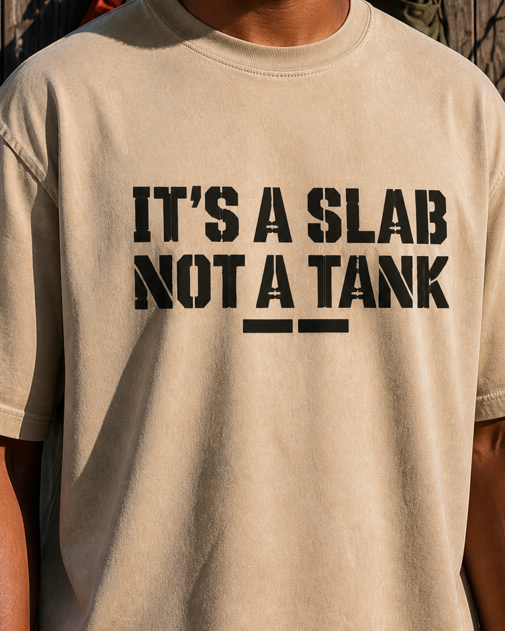 It's A Slab, Not A Tank washed tee — washed bone, worn, side