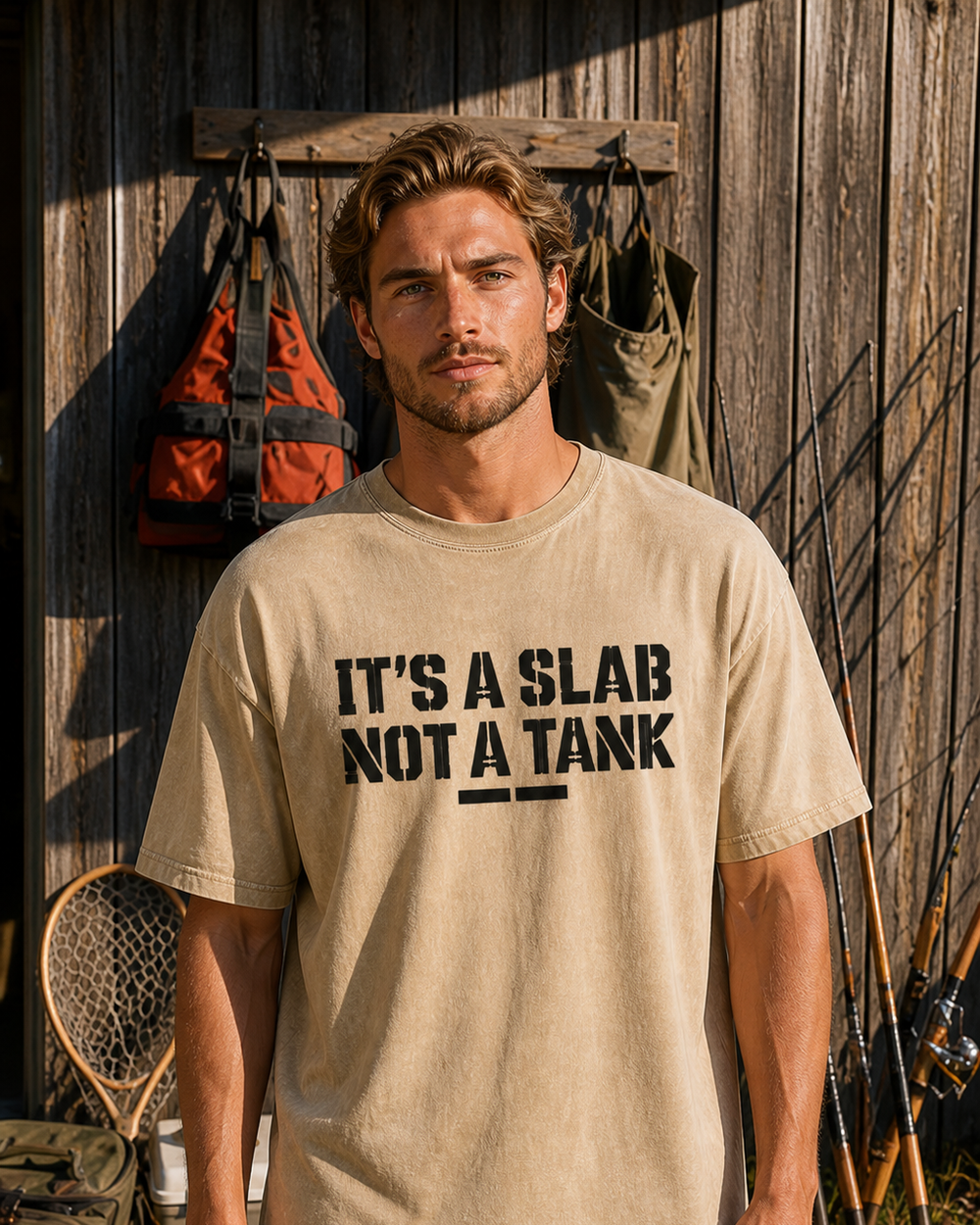 It's A Slab, Not A Tank washed tee — washed bone, worn, front