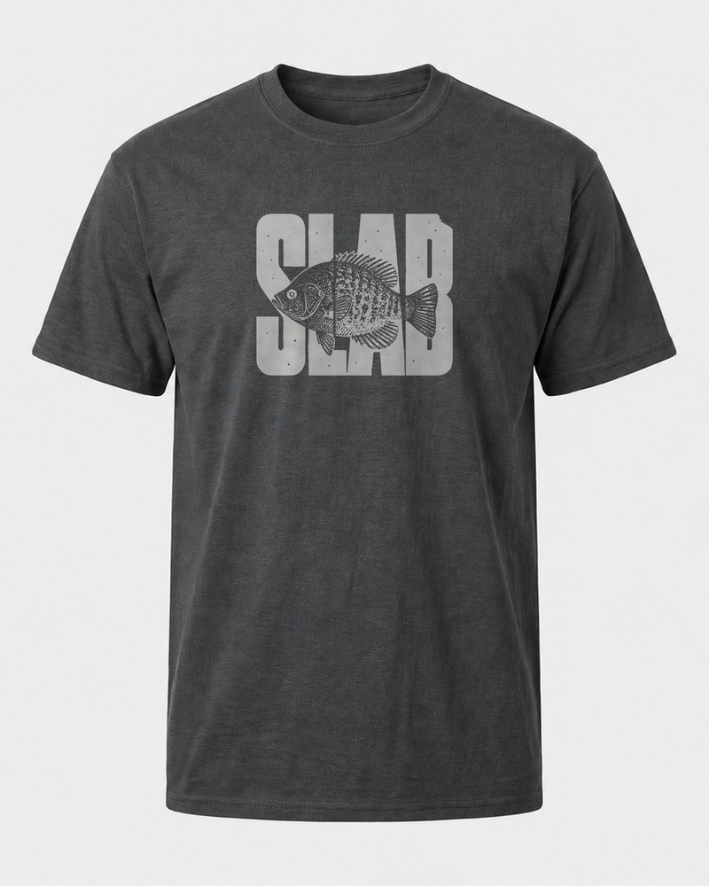 Slab tee — dark heather, front