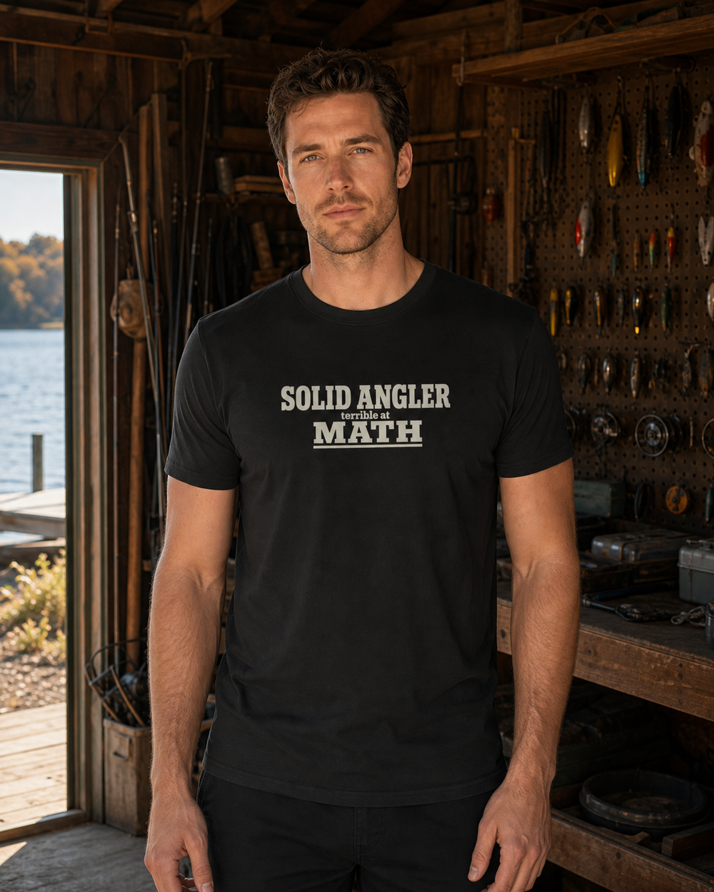 Solid Angler, Terrible At Math tee — black, worn, front