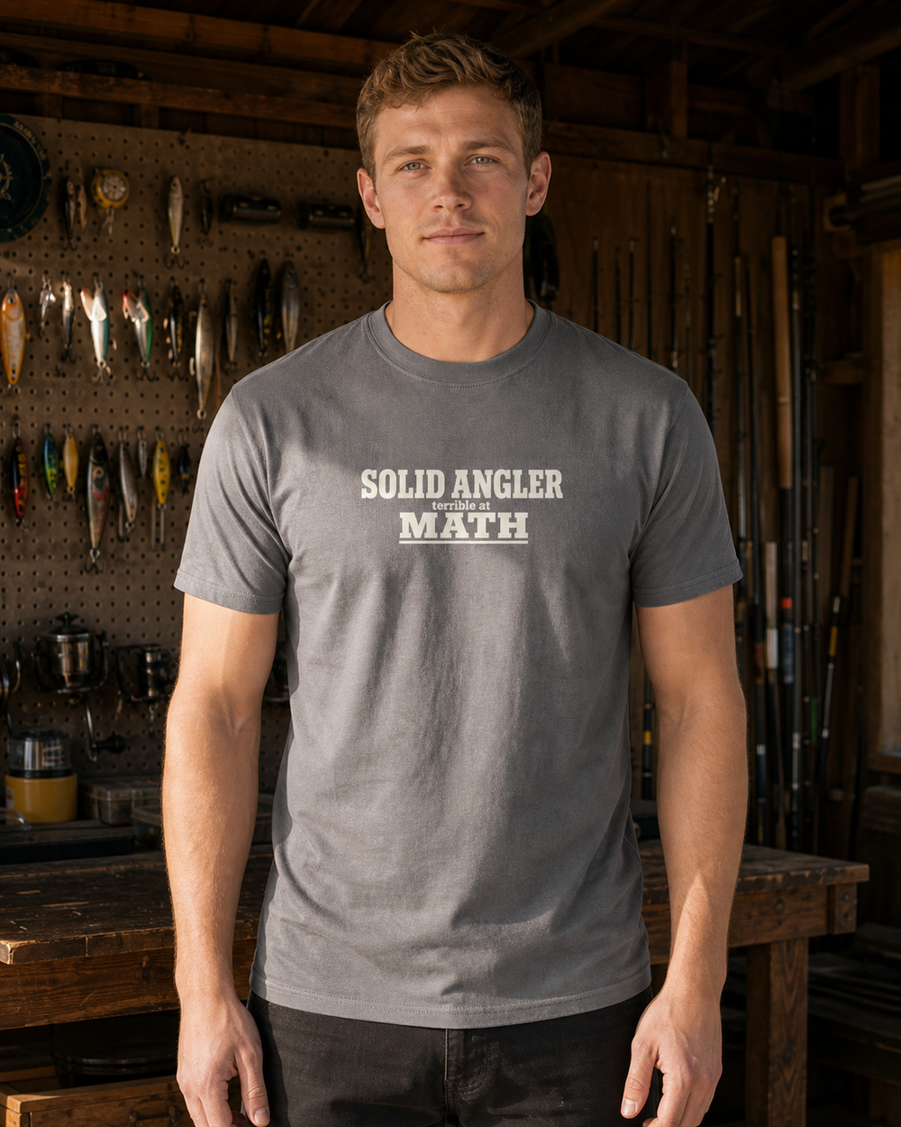 Solid Angler, Terrible At Math tee — graphite heather, worn, front