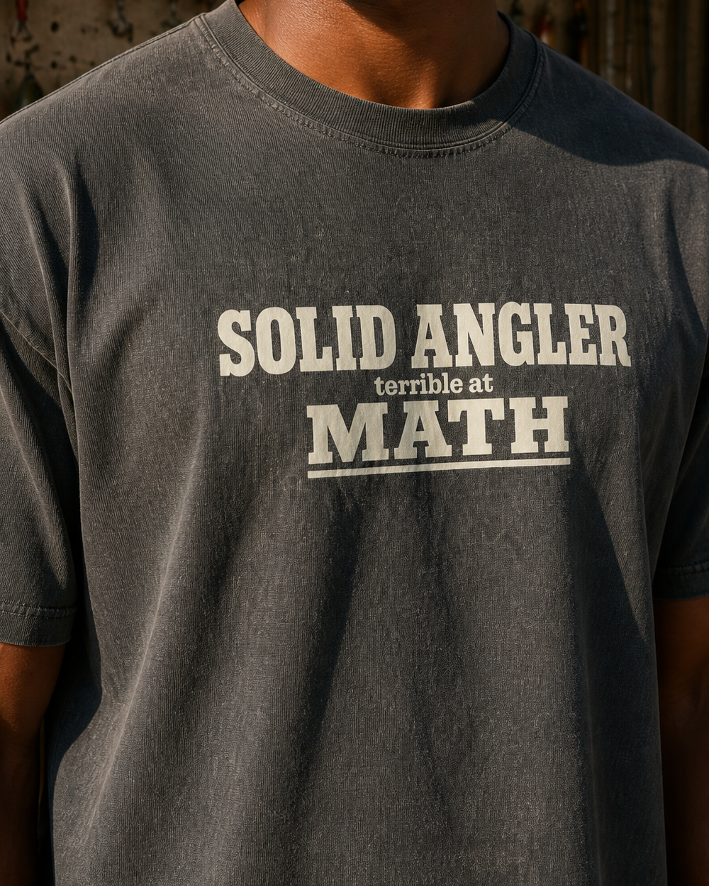 Solid Angler, Terrible At Math washed tee — washed black, worn, side